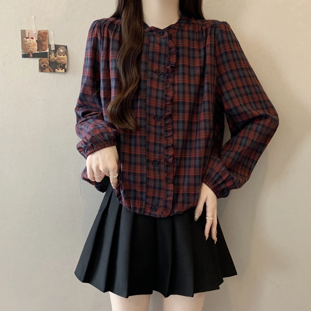大码复古格子长袖衬衫女早秋2025新款设计感小众洋气减龄百搭上衣