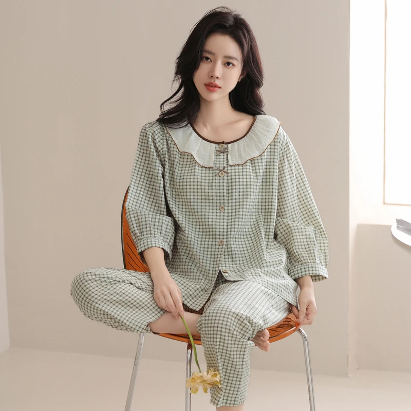 芬腾睡衣女款女士春秋季长袖长裤开衫套装宽松外出可穿家居服
