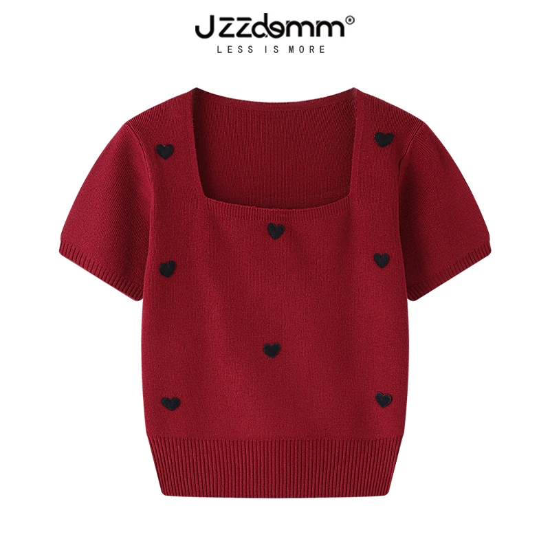 九州诚品/JZZDEMM爱心装饰方领收腰针织短袖女修身短款小个子上衣