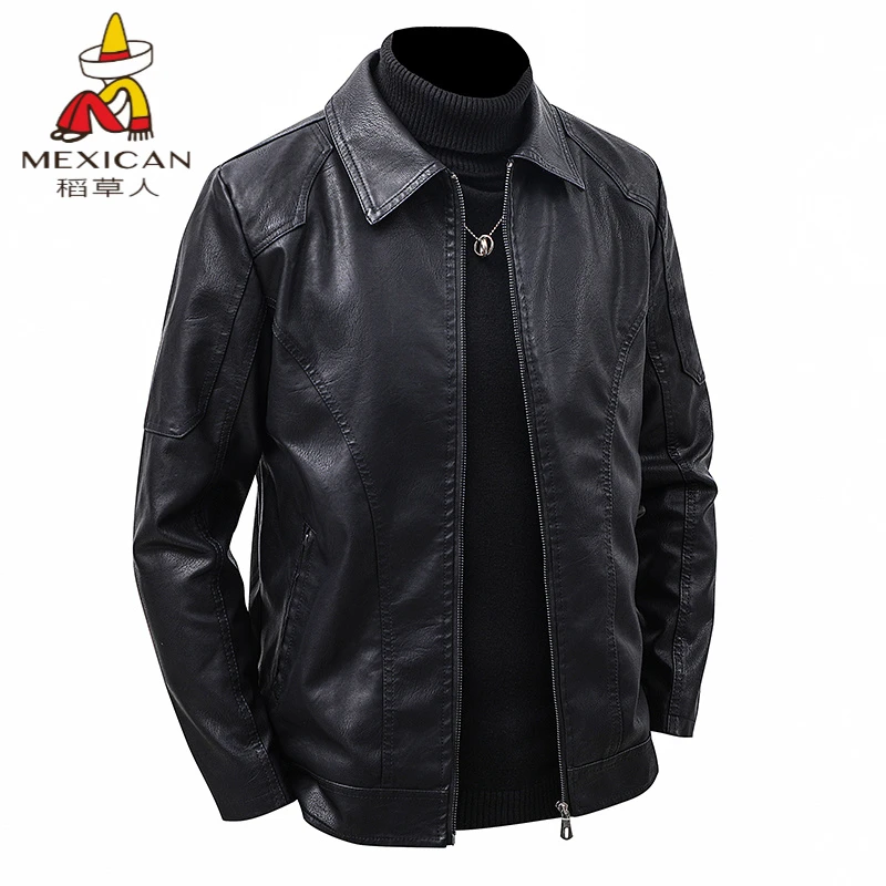 Mexican/稻草人高端大码男士海宁皮衣修身韩版休闲商务皮夹克外套