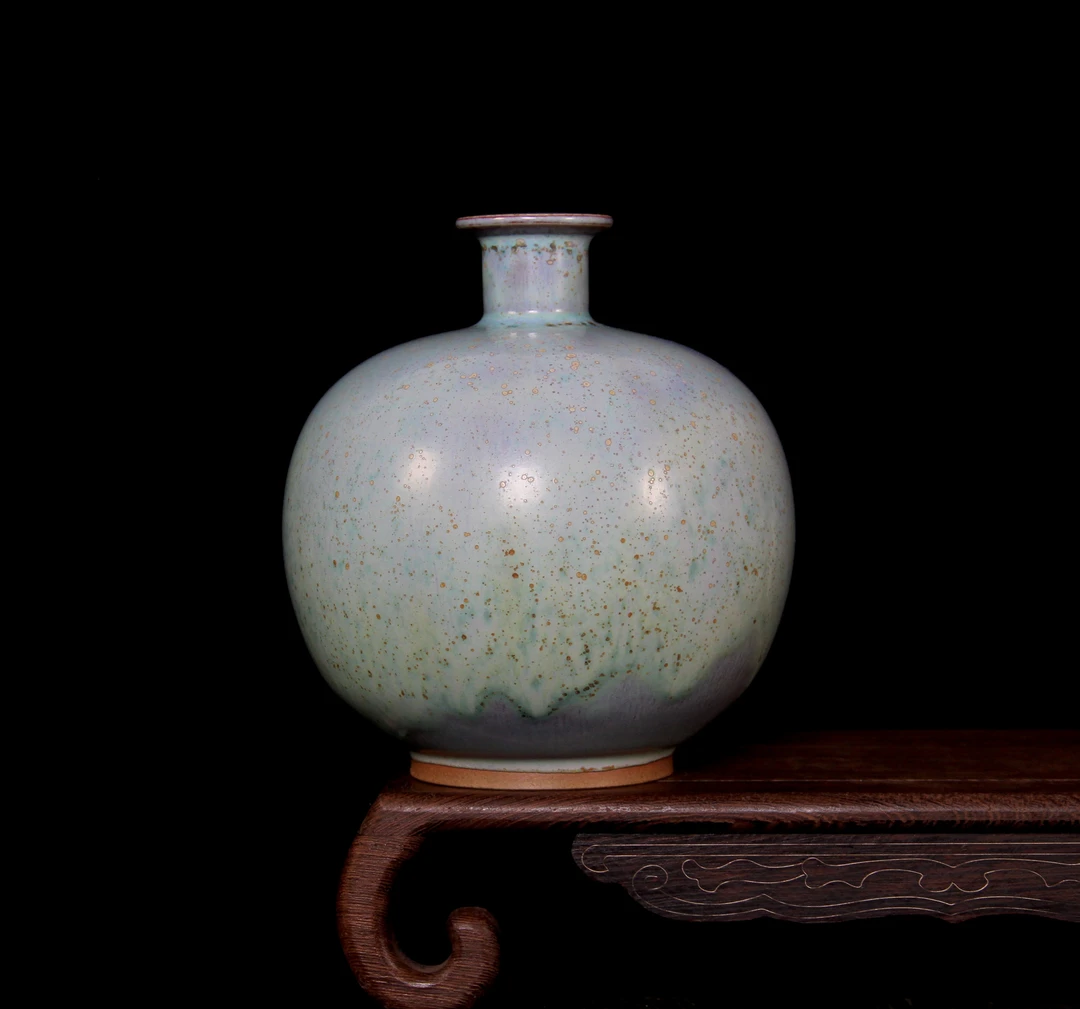 中华钧窑白露伟钧瓷天球瓶纯手工高15cm宽14.5cm中式瓷瓶窑变釉