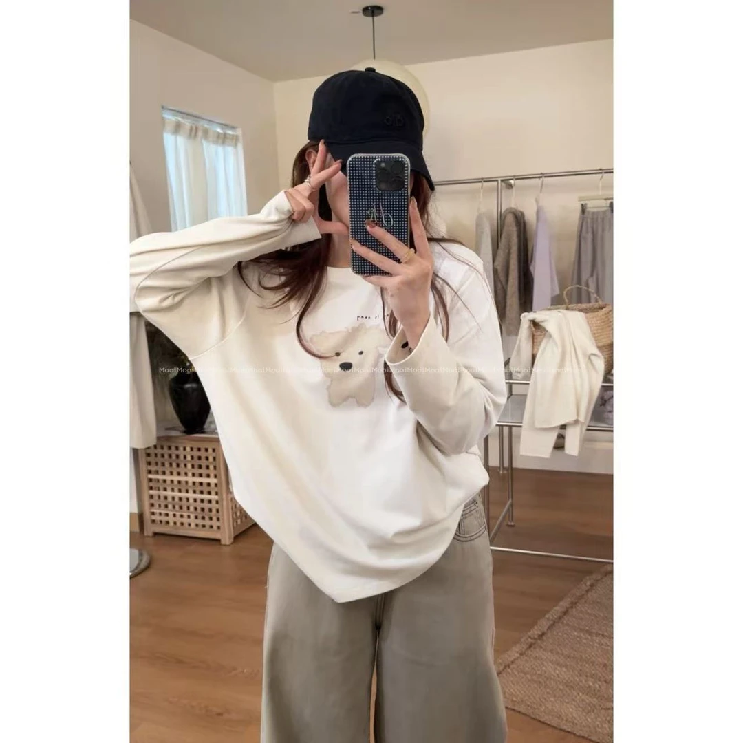 【mooi】'白毛毛小狗'秋冬新款韩版自制面磨毛软糯无感印花长袖