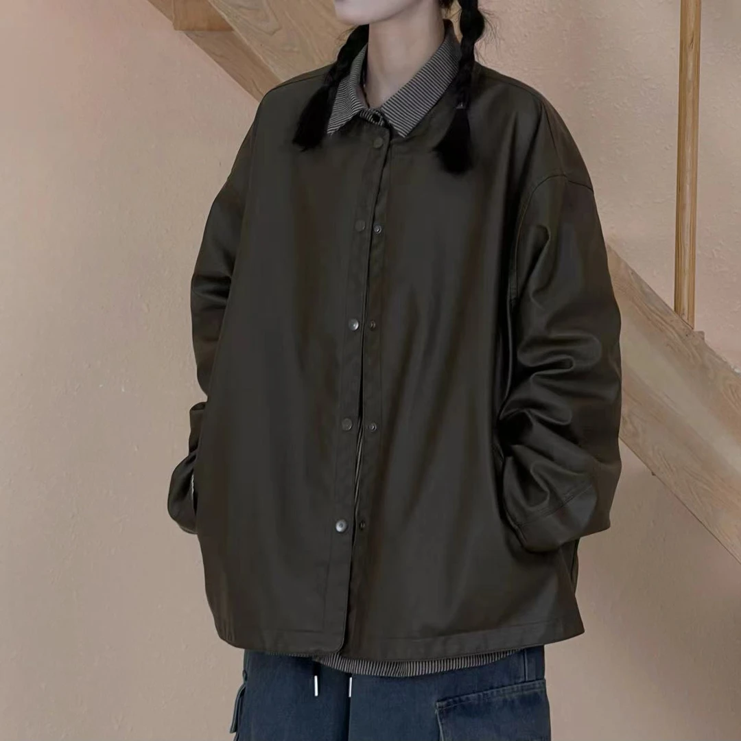 冬季新款复古慵懒风暗扣圆领皮衣外套82EN70