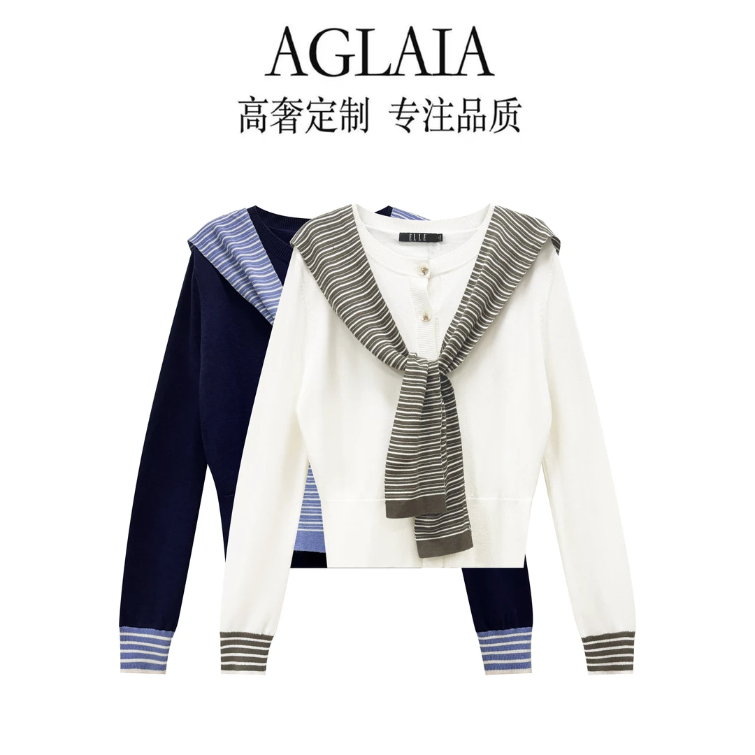 AGLAIA-秋季新款设计感拼接假两件气质减龄披肩条纹针织开衫6111