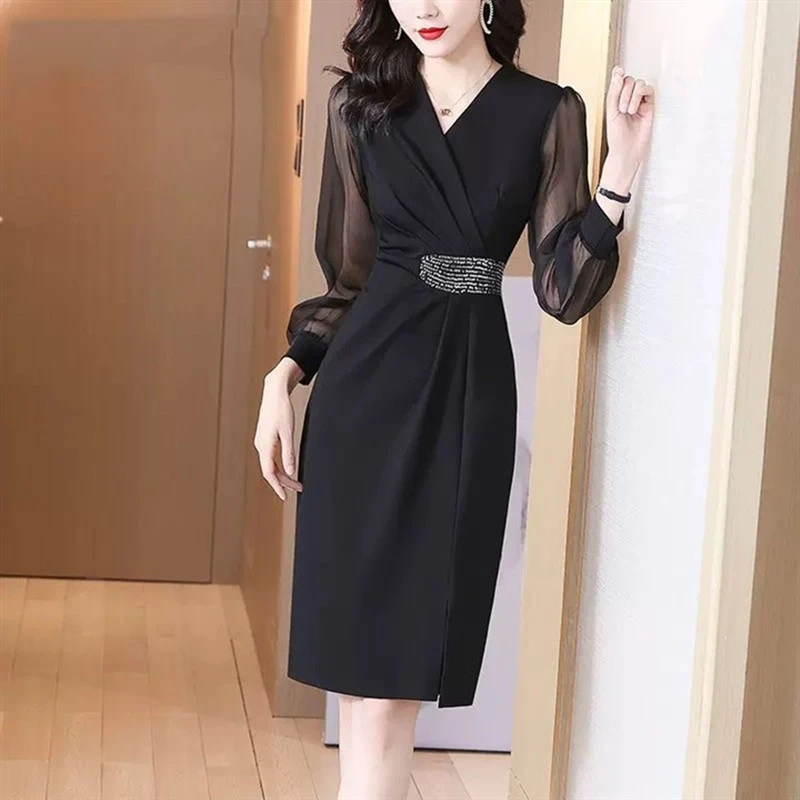 OL连衣裙2023春季新款女装韩版时尚修身包臀裙褶皱V领长袖连衣裙