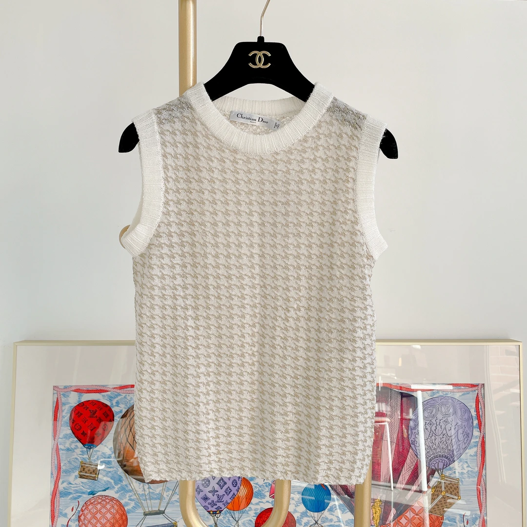 95新 DIOR/迪奥 迪奥白金色千鸟格针织马甲