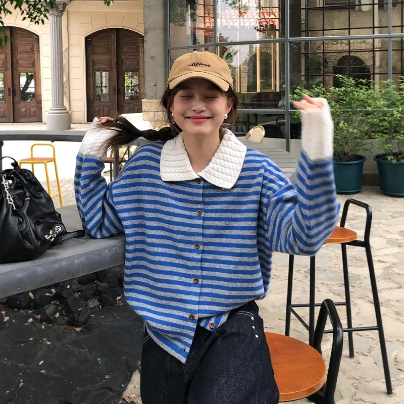 小香风条纹polo领长袖毛衣针织衫女早秋季慵懒松弛感穿搭外套上衣