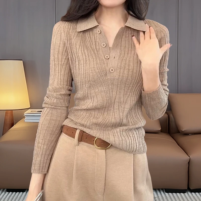 韩系设计感简约正肩长袖针织衫秋季新款宽松polo领内搭打底衫上衣