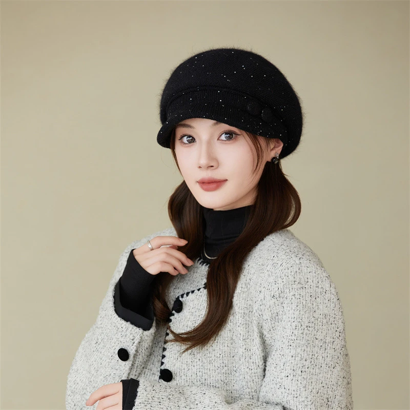 贝雷帽冬天妈妈帽子女针织保暖韩版百搭鸭舌贝雷帽英伦复古毛线帽