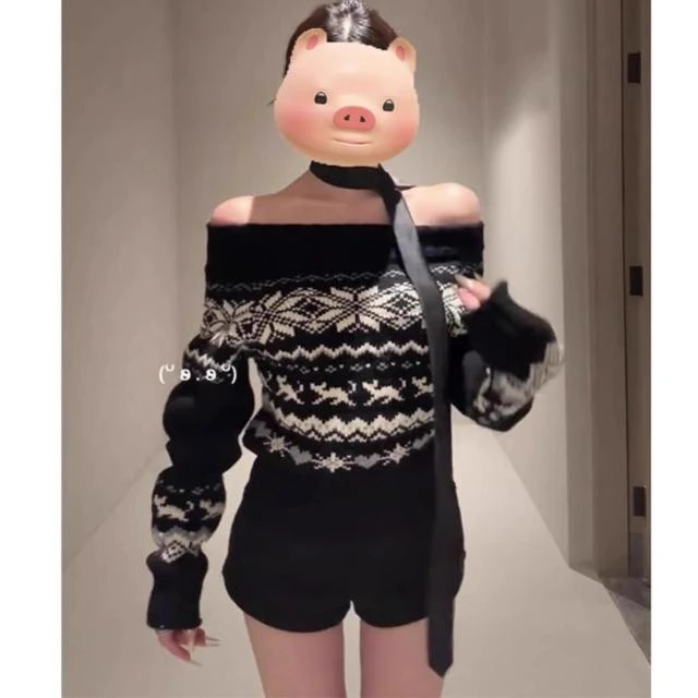 秋季穿搭圣诞氛围感费尔岛一字肩毛衣女秋冬2024新款高级感内搭慵