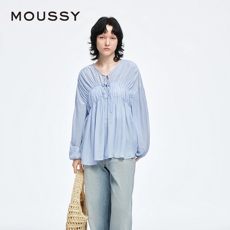 MOUSSY 2025夏季新品甜美风抽褶皱系带宽松长袖衬衫028ISA30-1003