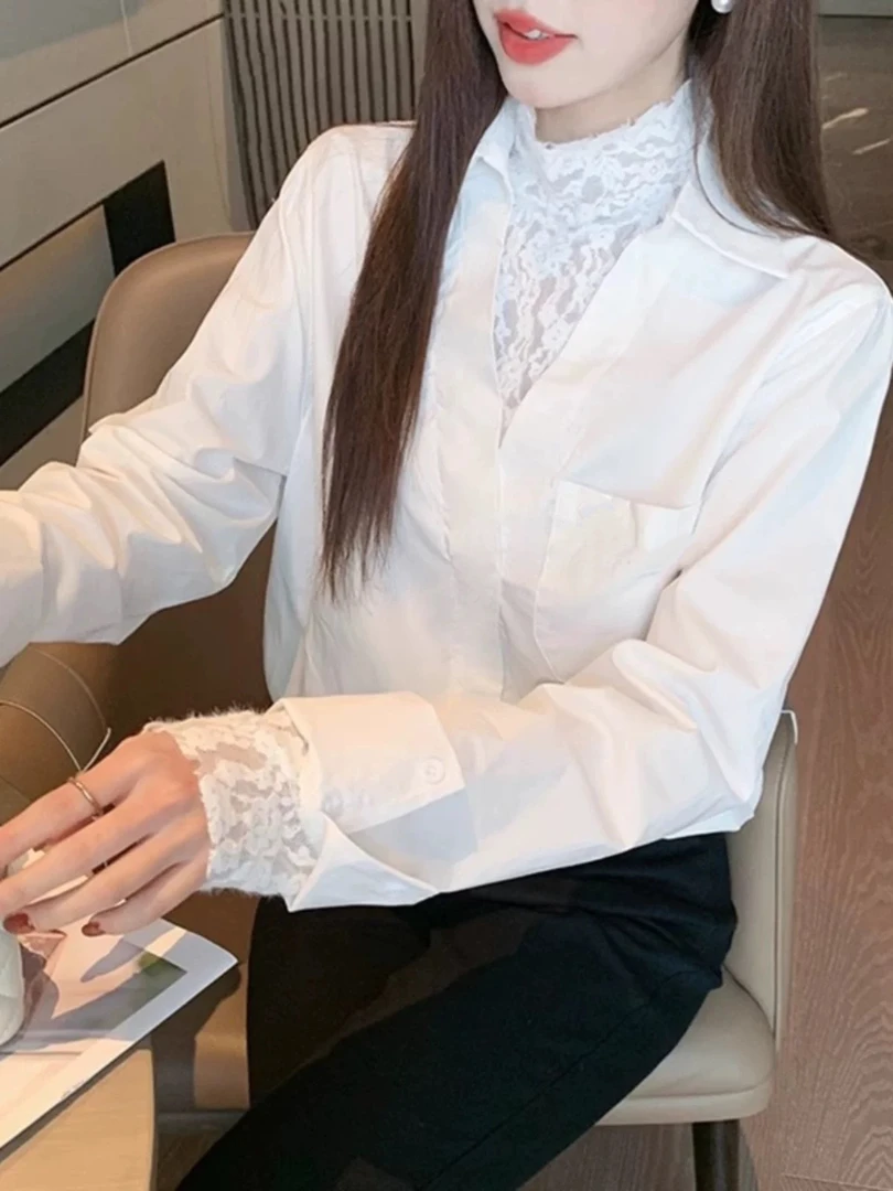 【8858】予#设计感蕾丝拼接衬衫上衣