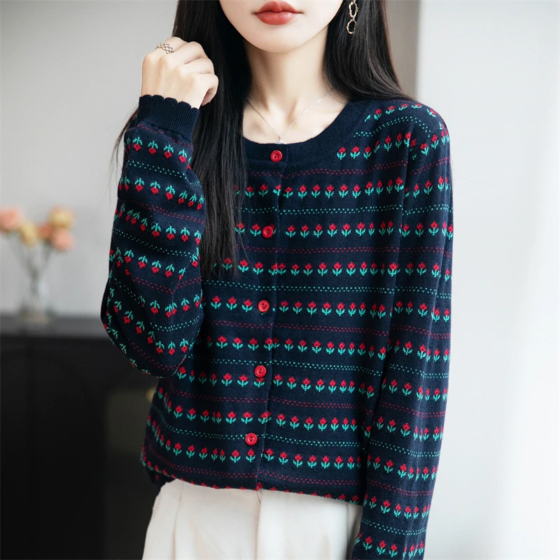 哥弟阿玛施正圆领针织开衫女春秋新提花毛衣外套时尚百搭羊毛上衣