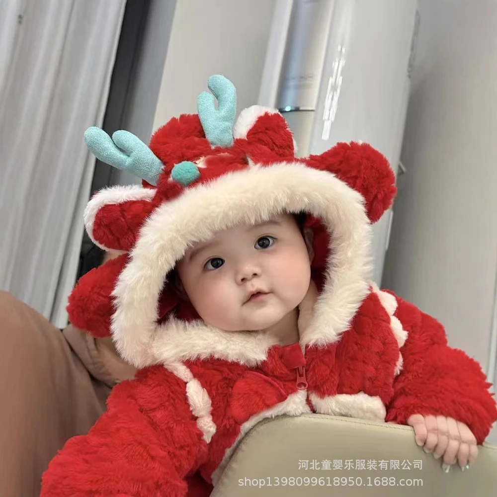 红色保暖亲子婴儿新年拜年服龙年宝宝衣服装喜庆幼儿过年连体衣