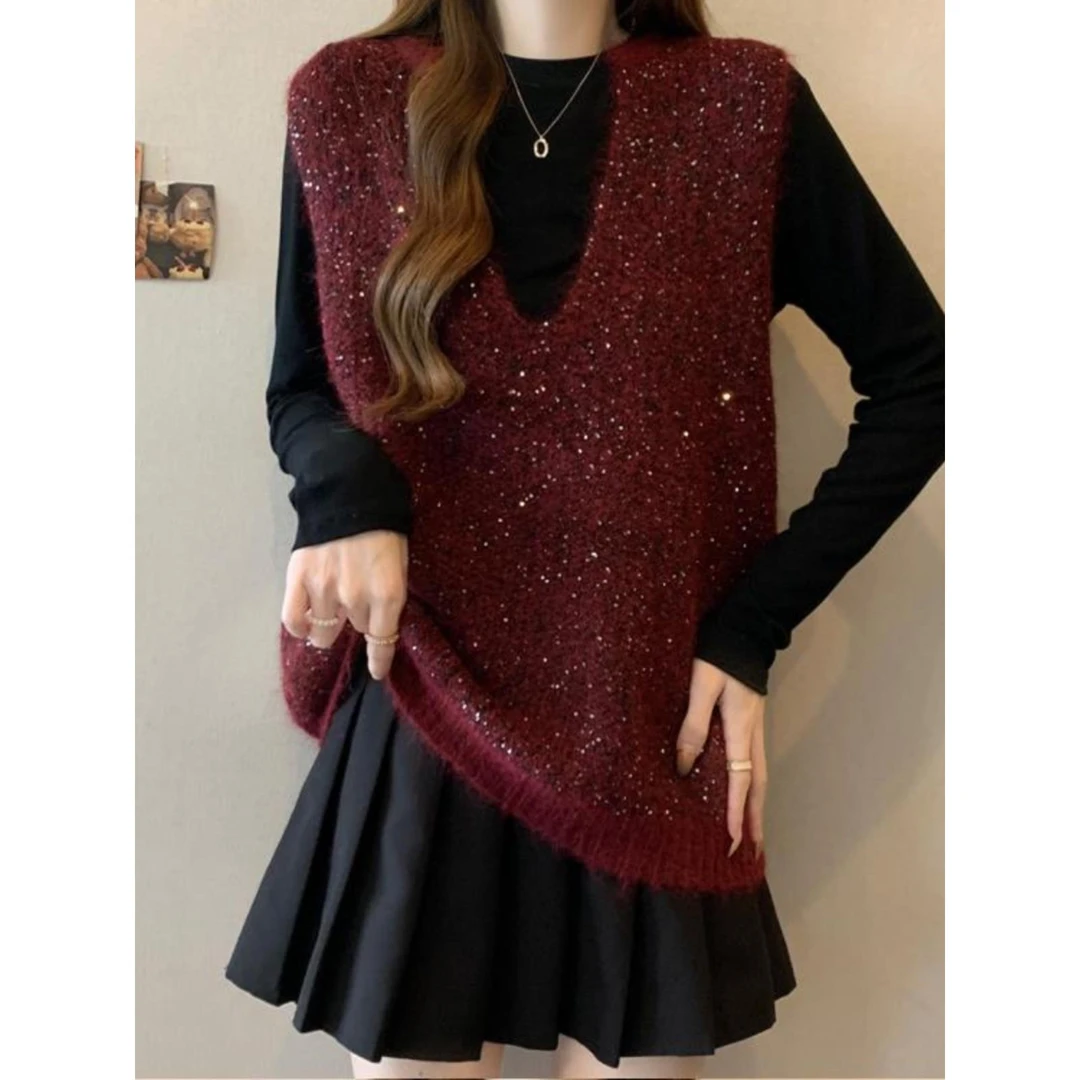 VOCKOO官方大码女装亮片V领红色针织马甲背心女春秋高级感显瘦保