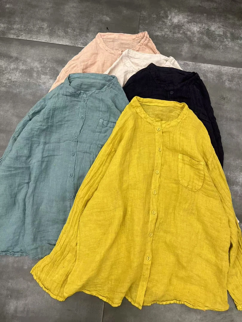 3444纯亚麻衬衫长袖上衣宽松大码简约大气春夏新款