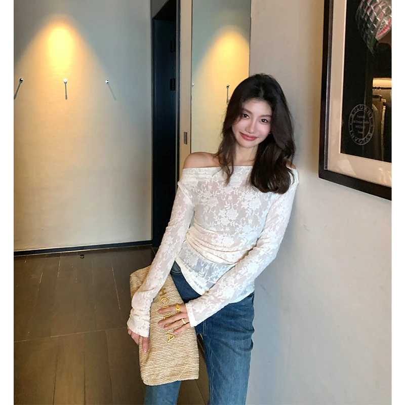 【ALONE SAVOR】龍喜儿花未眠 法式高级感蕾丝钩花一字肩T恤Z581