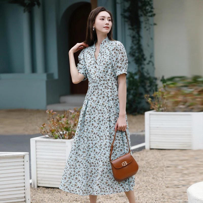 【粉丝专享】BuouBuou商场同款V领灯笼袖复古印花A字连衣裙BKDG312