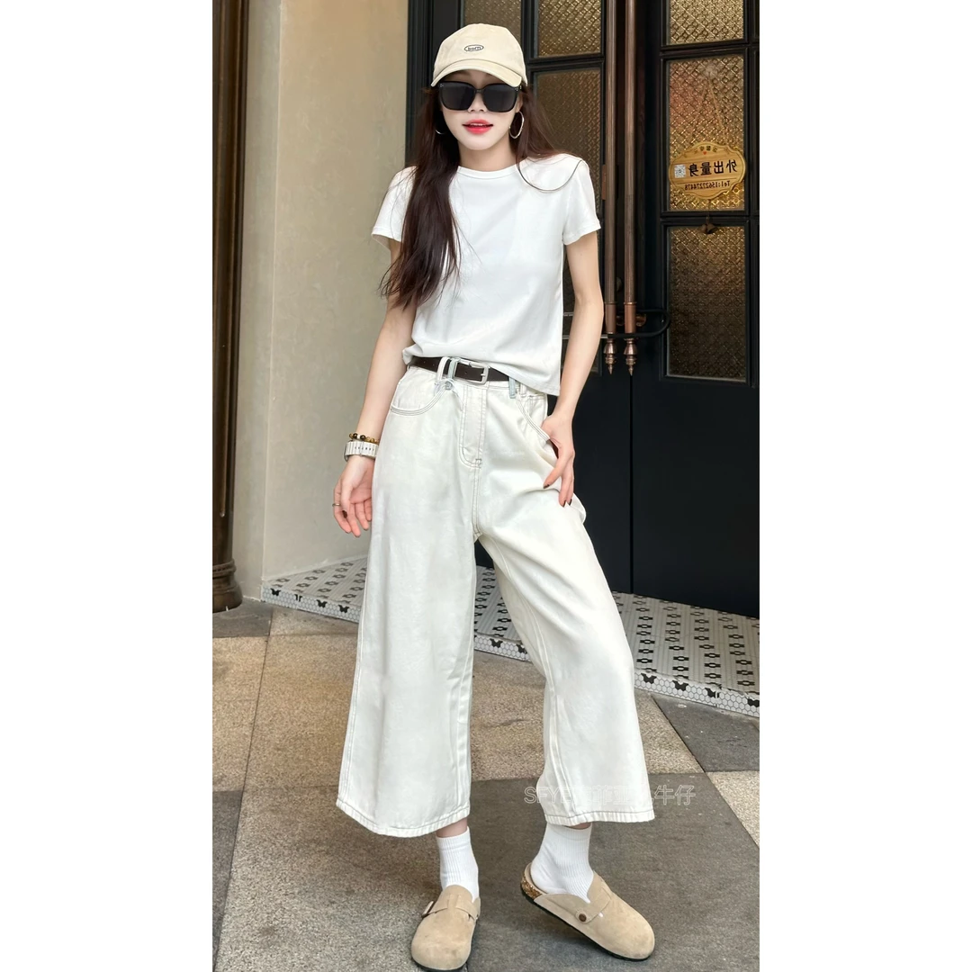 [白色恋人]七分裤白色休闲牛仔裤女款宽松穿搭TMF9139C