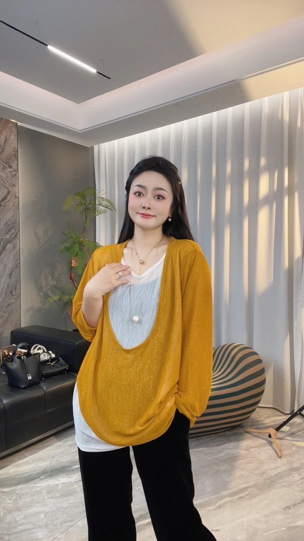 【冲姐】时尚气质假两件长袖T恤撞色设计百搭休闲防晒上衣