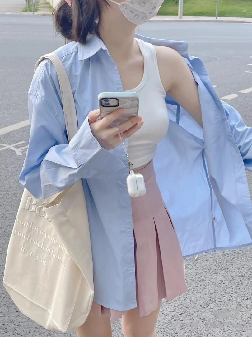 蓝色衬衫女设计感薄款百搭长袖衬衣情侣外套时尚休闲小众学生上衣