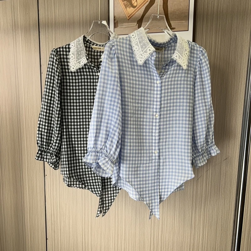 3307撤柜LD新款短袖蕾丝夏季格子衬衫减龄宽松长袖上衣百搭时尚