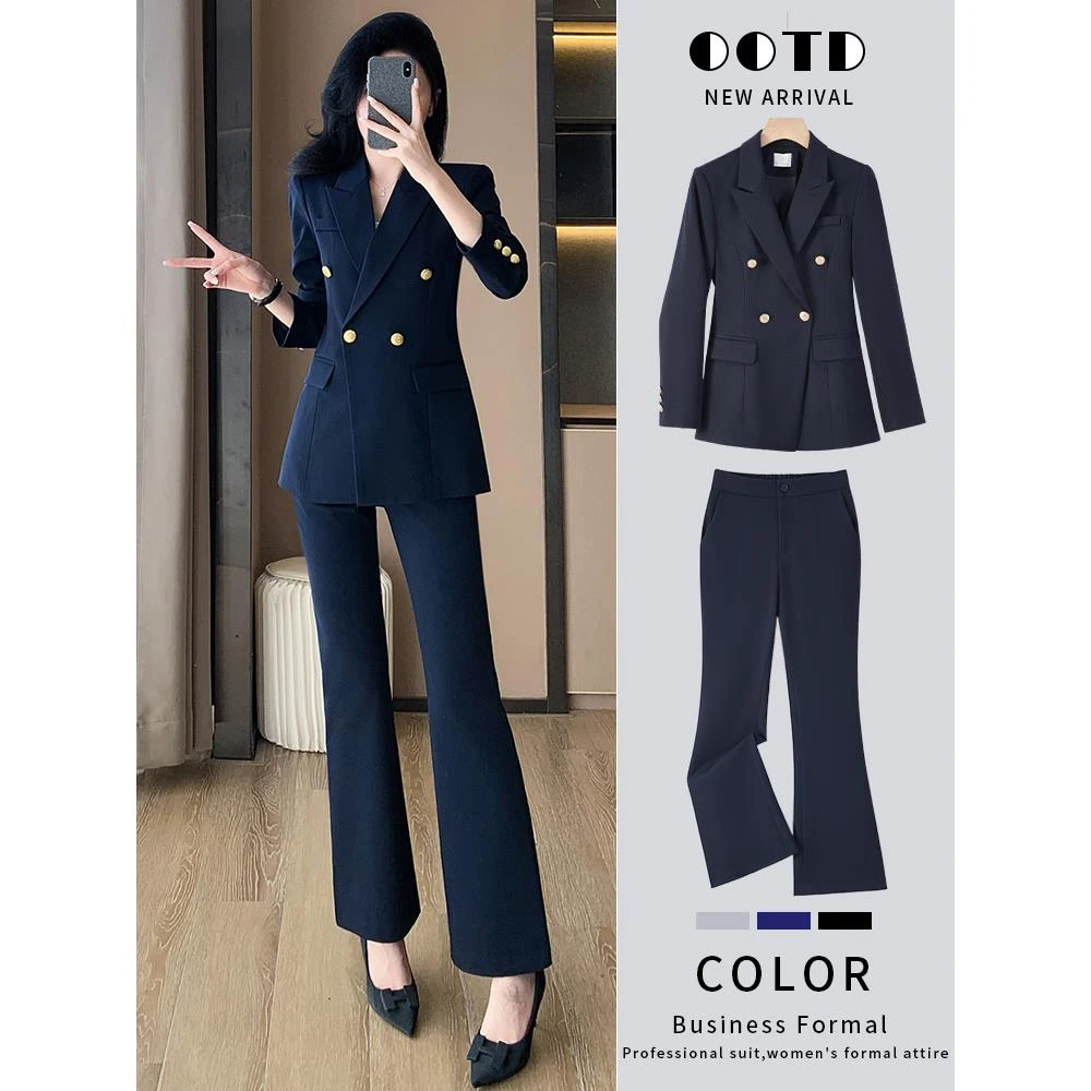 职业西装洋气女大学生教资公考面试正装轻职场通勤藏青色西服外套