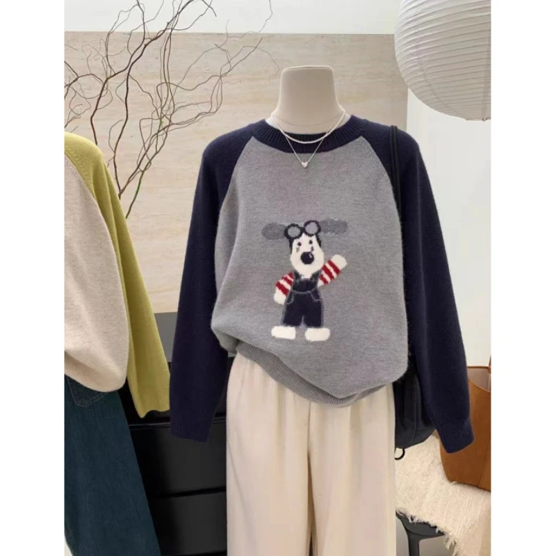 【飞行狗狗】韩系秋冬新品藏青灰色飞行狗针织套头内搭毛衣女