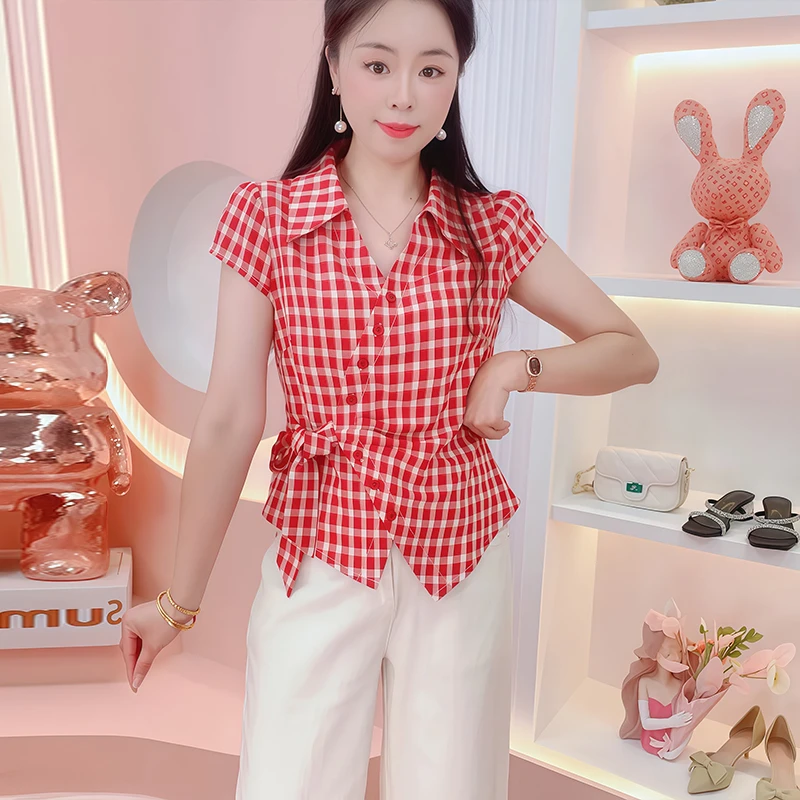 法式甜美拼接格子短袖衬衫女2026年夏季小众休闲遮肉显瘦百搭上衣