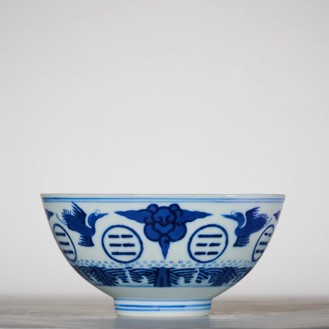 5438清光绪·青花云鹤八卦纹碗【古董拍卖】