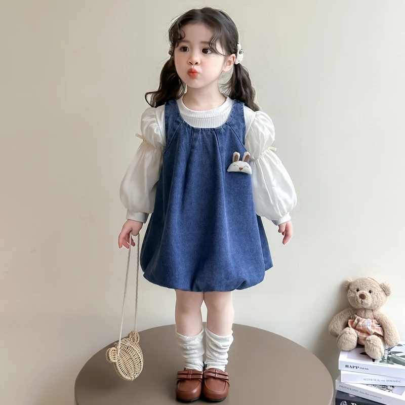 女小童春秋款泡泡袖兔耳朵花苞牛仔裙套装2025年新款中小童两件套