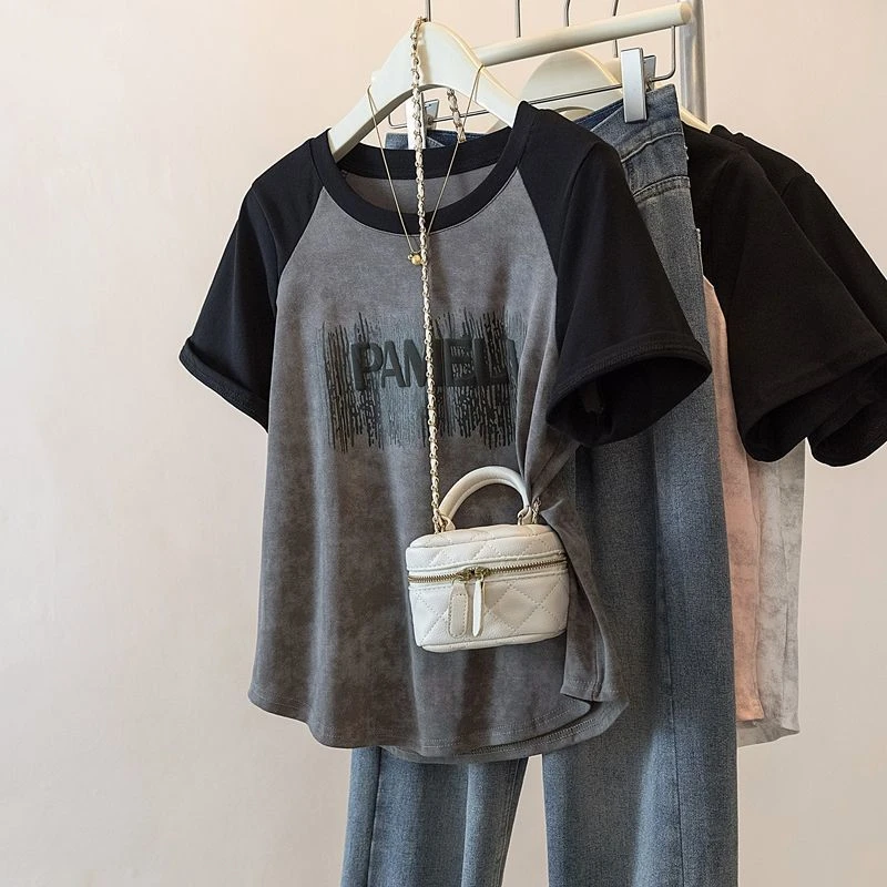 特大码300斤撞色字母印花短袖t恤女夏季新款宽松显瘦遮肉正肩上衣
