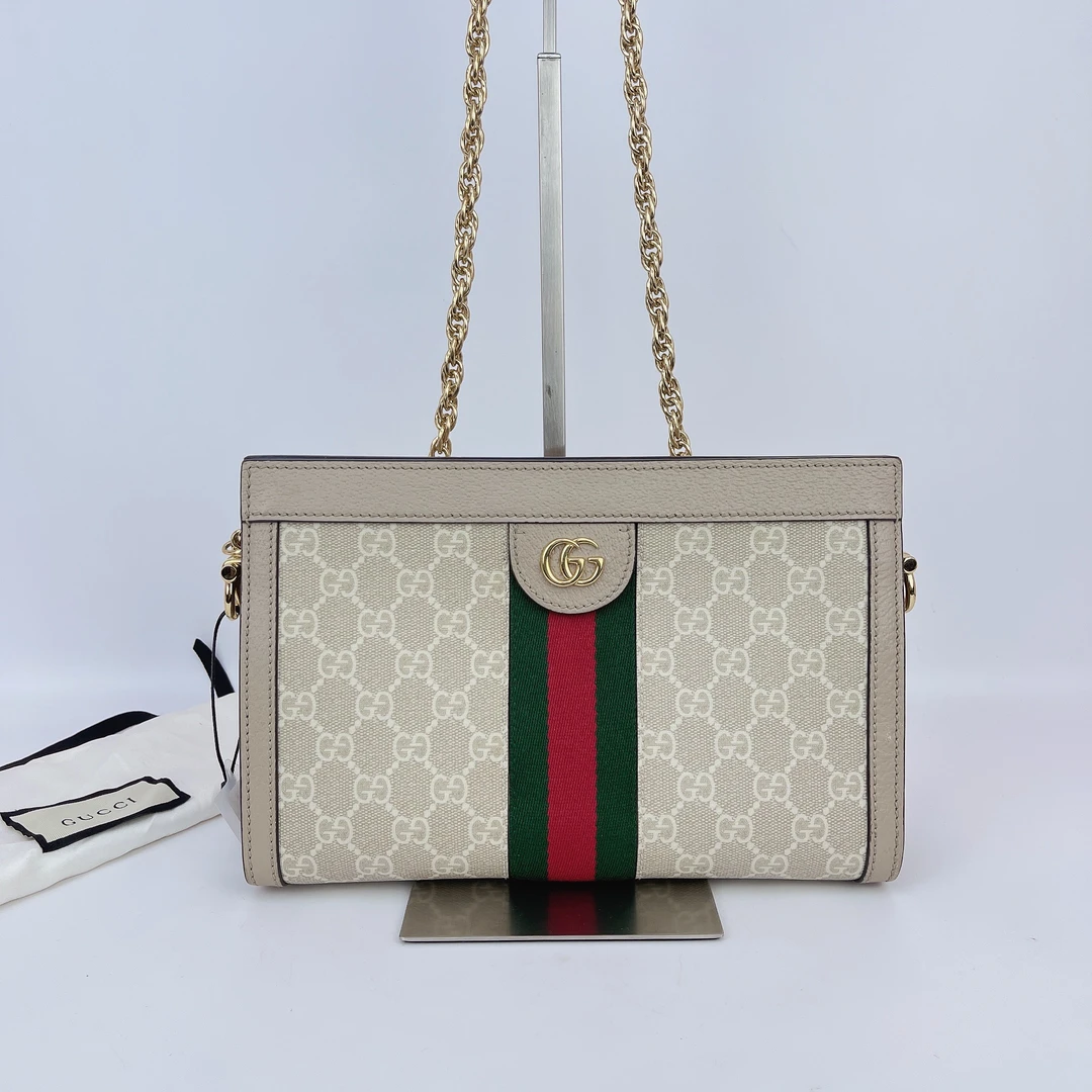95新 GUCCI/古驰 古驰 米色老花夹子斜挎包底长26 D745