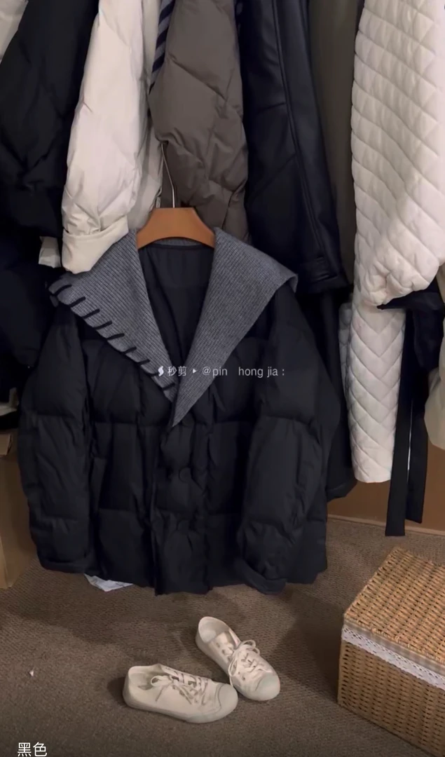 拼色海军领羽绒服女～衣长76