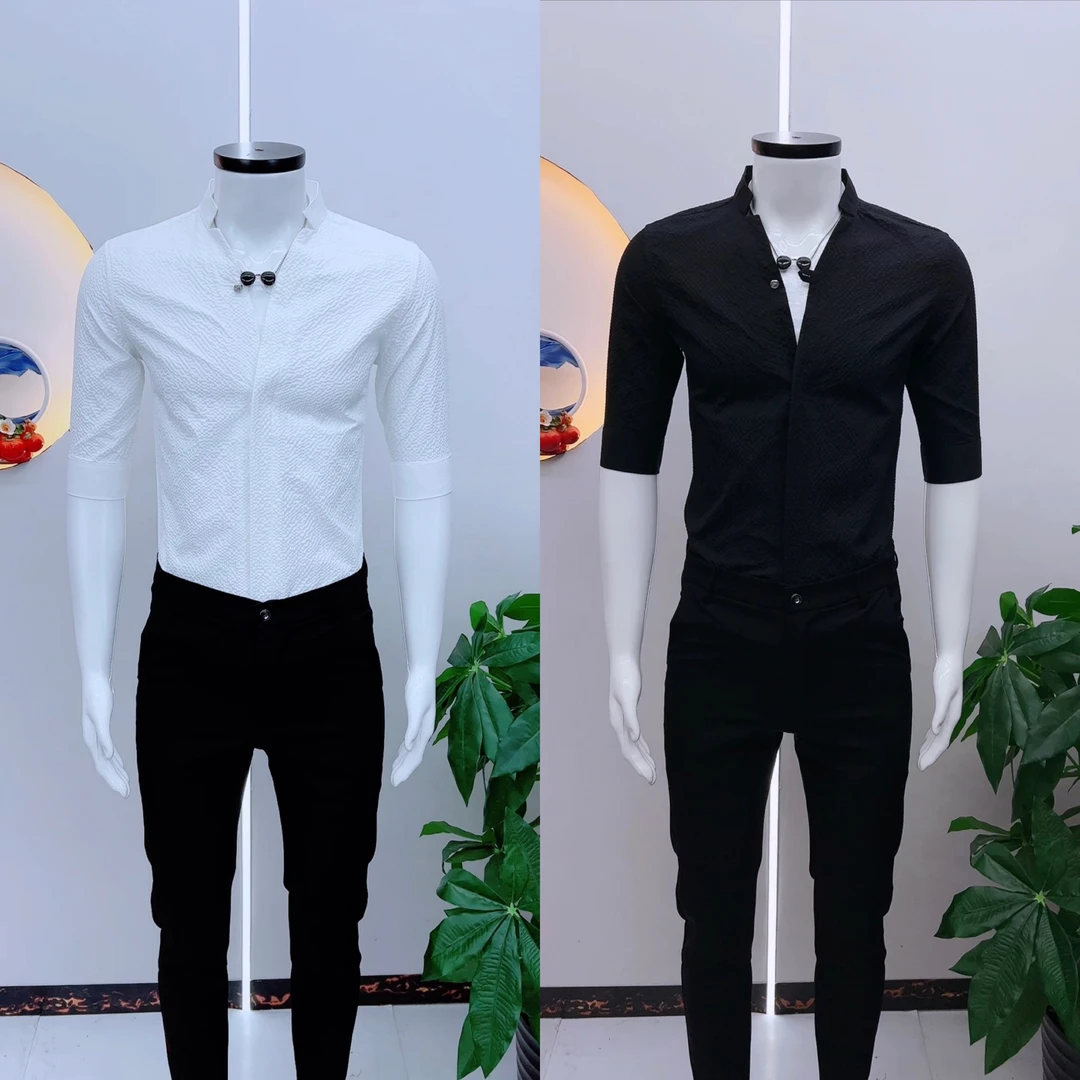 痞帅潮牌男士韩版衬衫简约帅气高级感男士潮流修身时尚圆领男衬衣