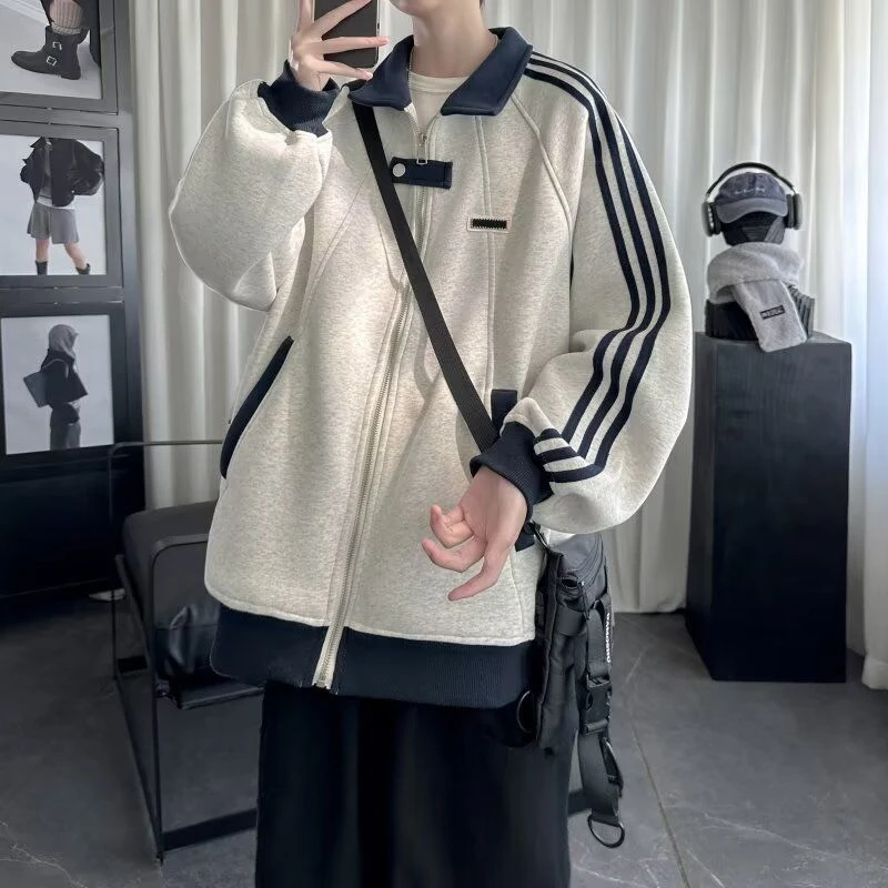 秋冬季三条杠运动外套春秋款美式街头青少年宽松立领夹克