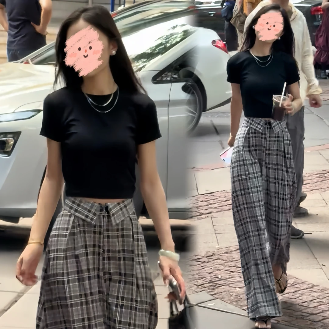 夏季新款2025复古黑色格子设计感高腰裙裤女百搭显瘦修身纯色上衣