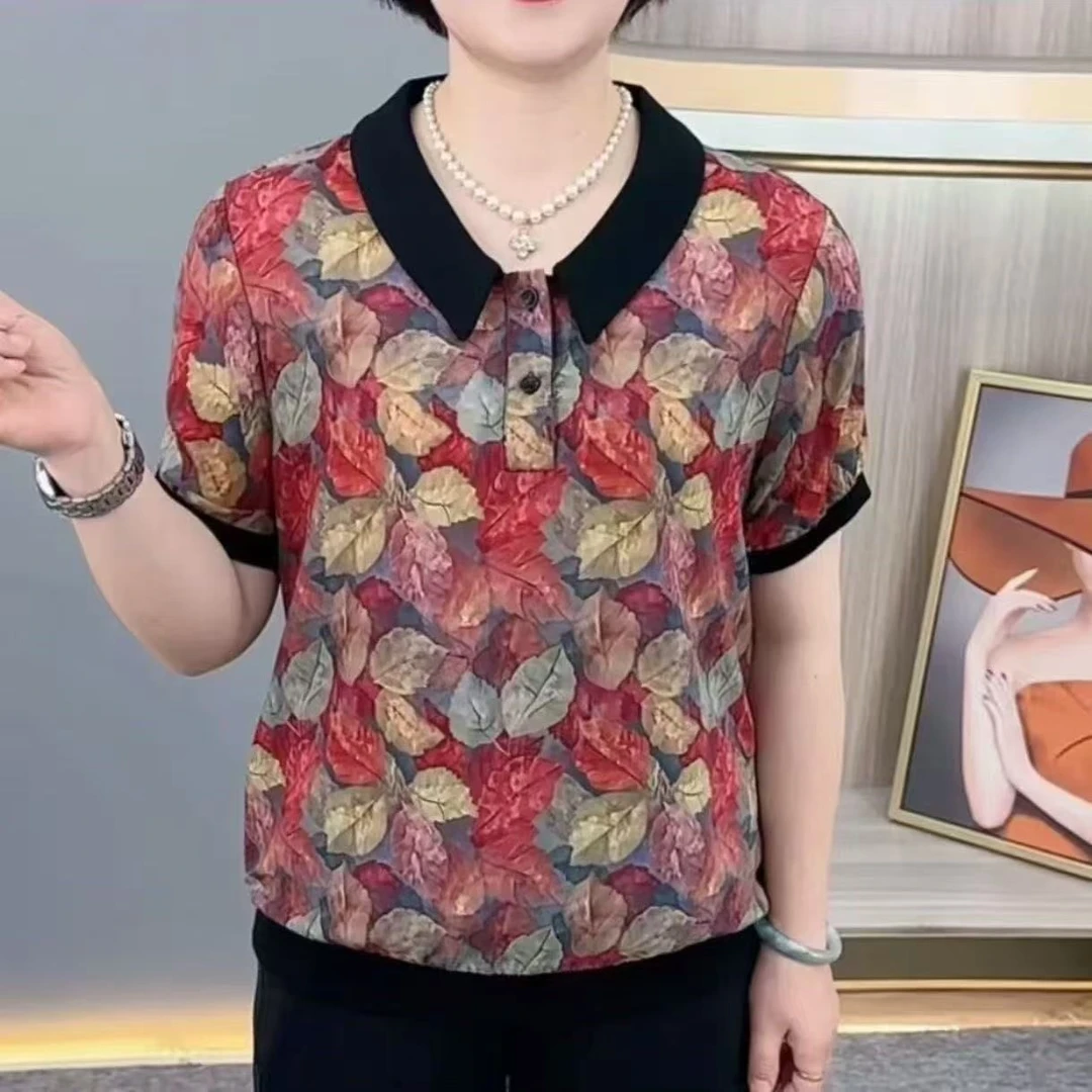 夏季新款时尚洋气翻领POLO衫印花显瘦气质妈妈装休闲百搭短袖T恤