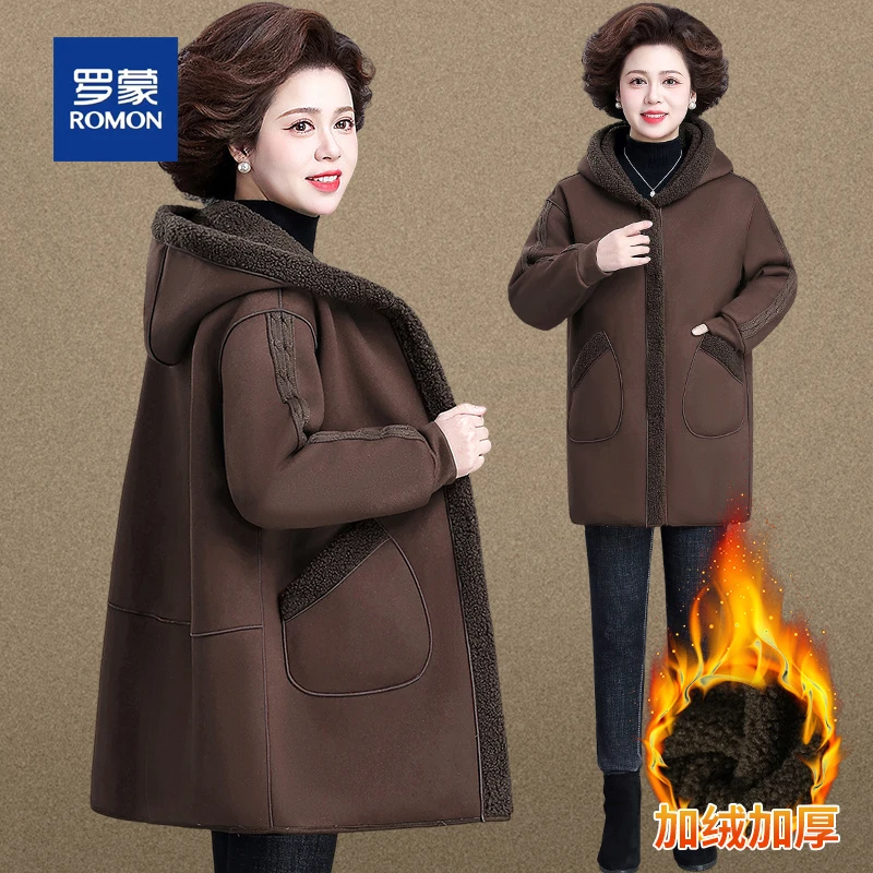 罗蒙中老年妈妈冬装加厚保暖棉服女新款连帽中长款加绒棉衣外套女