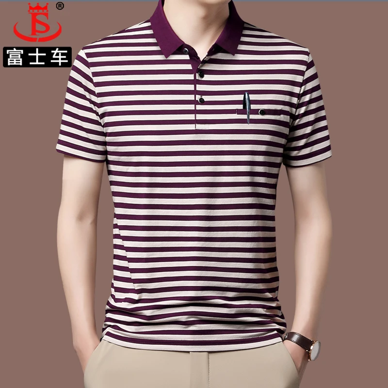 【纯棉】爸爸短袖t恤翻领夏季条纹休闲polo衫中老年品牌男士上衣服