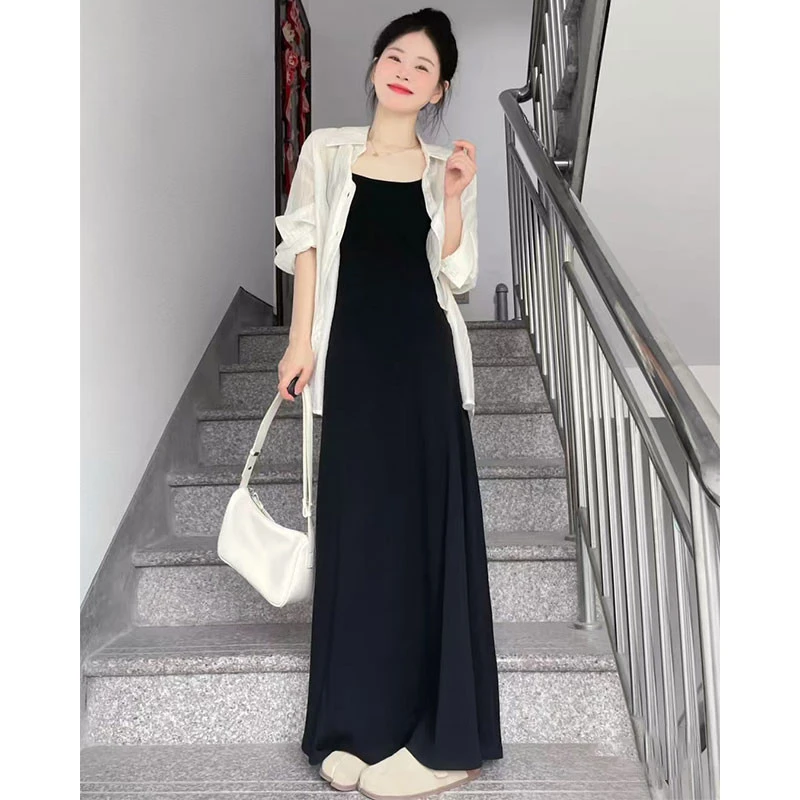 赫本风黑色超好看连衣裙女夏季2025新款吊带裙外搭防晒衬衫两件套