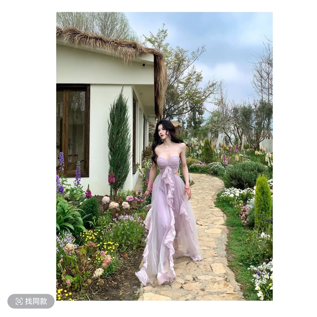 荷叶边雪纺吊带连衣裙女2025夏季新款高级感气质收腰显瘦网纱长裙