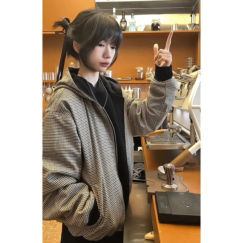 Y189 两面穿千鸟格外套男款春秋美式连帽卫衣cleanfit短款夹克