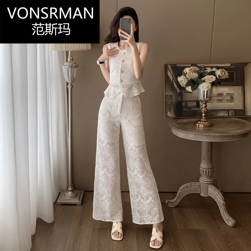 小香风白色套装女夏季小众女装蕾丝时尚减龄休闲运动阔腿裤两件套