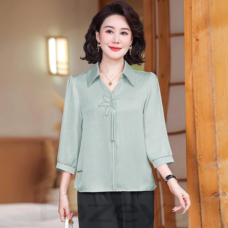 彩羊新中式妈妈夏装打底衫50岁中年女士洋气上衣中老年女夏季t恤