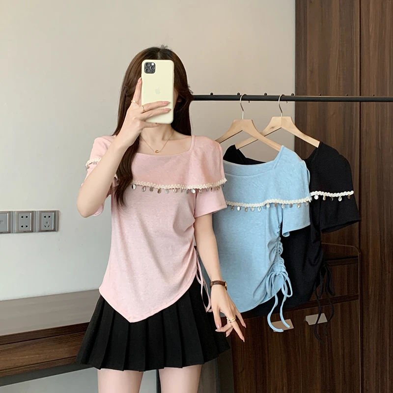 Q2025夏装新款胖mm大码百搭显瘦i法式不对称留苏小衫上衣 A1362