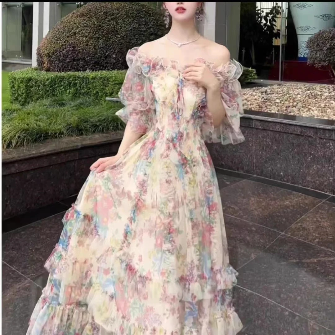 341-350夏新款度假风仙女裙荷叶袖雪纺连衣裙法式浪漫碎花a字裙女