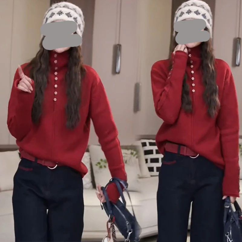 今年流行红色立领打底针织衫女秋冬季新款独特别致设计感短款上衣