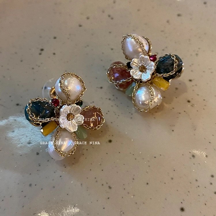 巴洛克珠珠花朵耳环女小众设计感高级耳钉2023年新款潮气质耳饰女