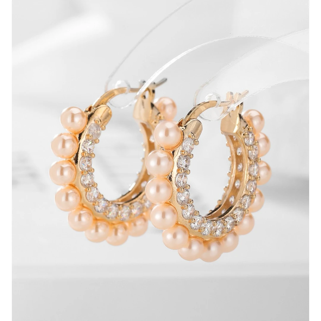 合金合成锆石耳饰 3843法式简约珠珠圈圈小众耳饰